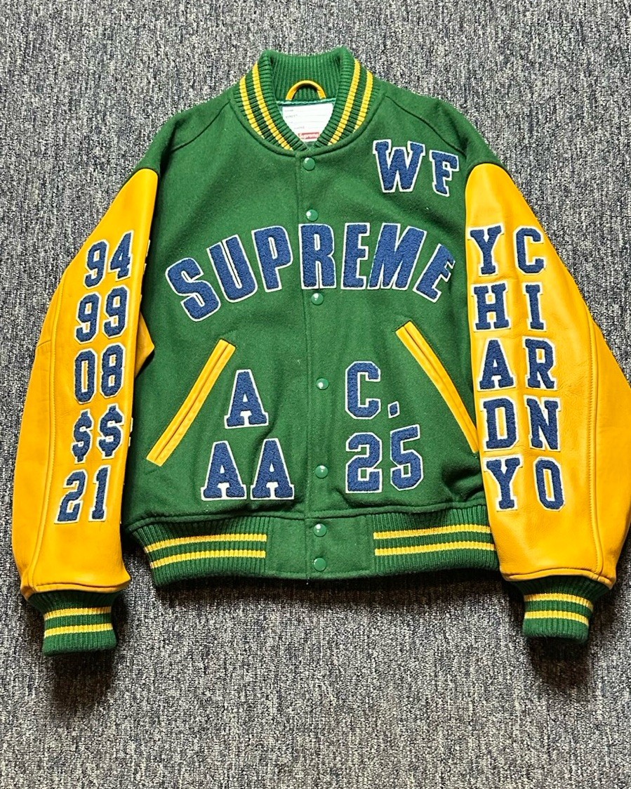 Supreme Varsity Jacket Green Yellow Men's S Embroidered Logo Patch Heavyweight