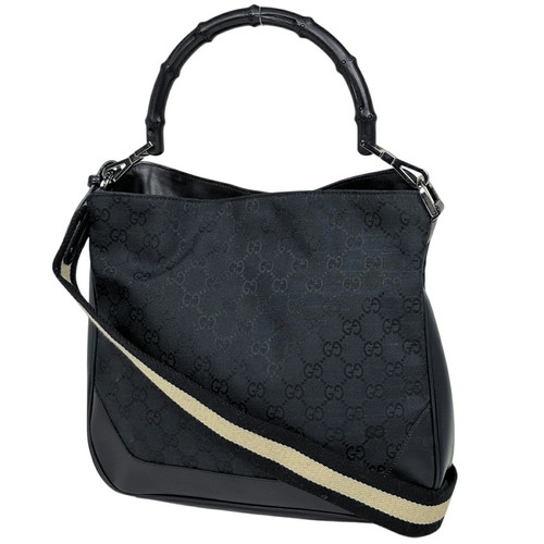 Gucci Bamboo Handbag 2Way Shoulder Bag Gg Pattern Canvas Black 0014095 Ladies Us
