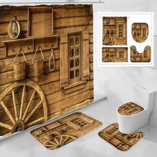4 Pcs Rustic Wooden Farmhouse Shower Curtain Set with Non-Slip Rugs, Toilet Lid