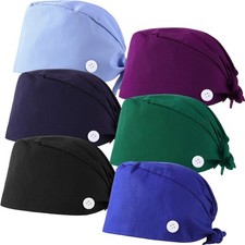 6 Pack Bouffant Caps w/ Buttons  Sweatband Adjustable Tie Back Hats Women Men