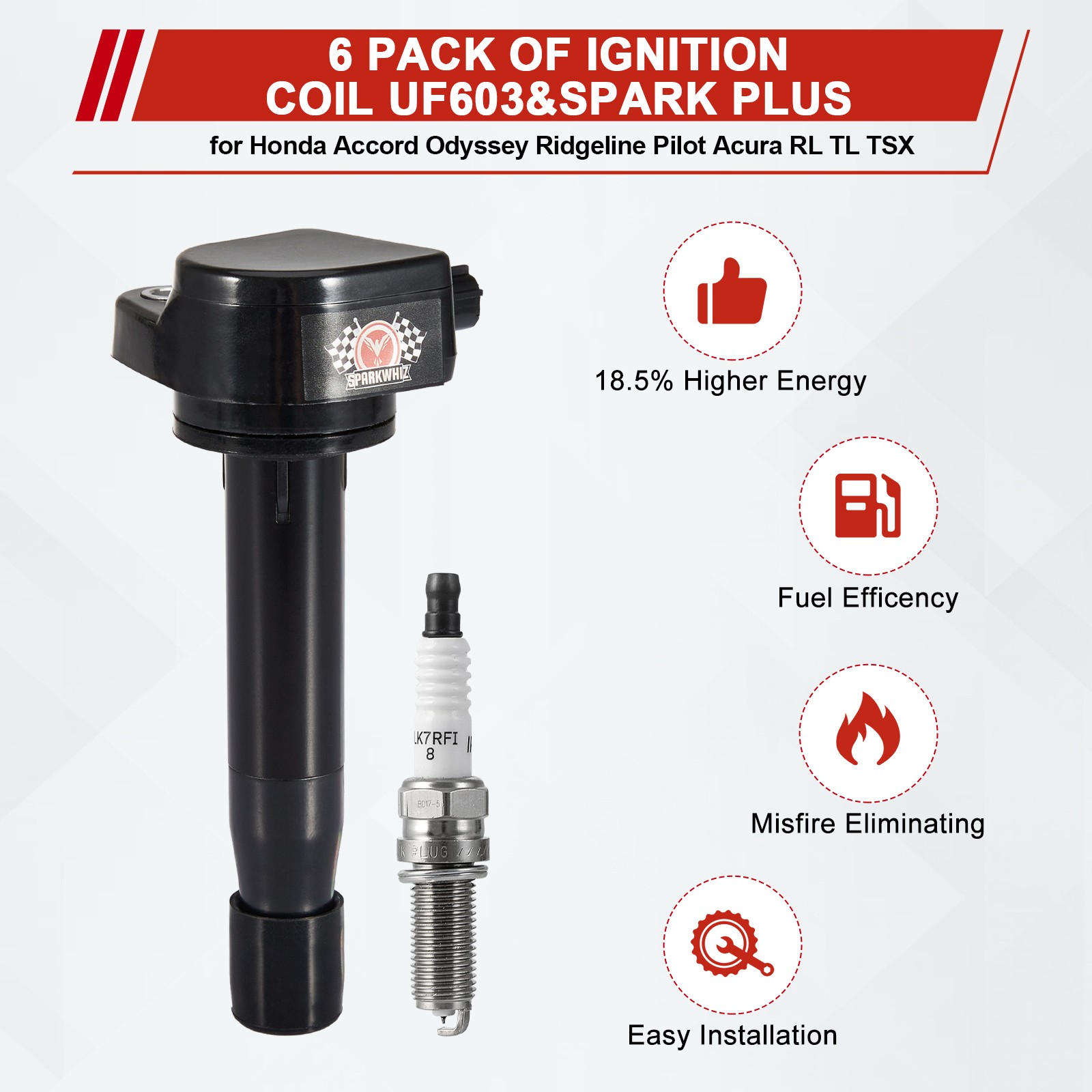 6X Ignition Coils + 6X Spark Plugs Kit for 2011-2017 Honda Odyssey UF-603 5C1681