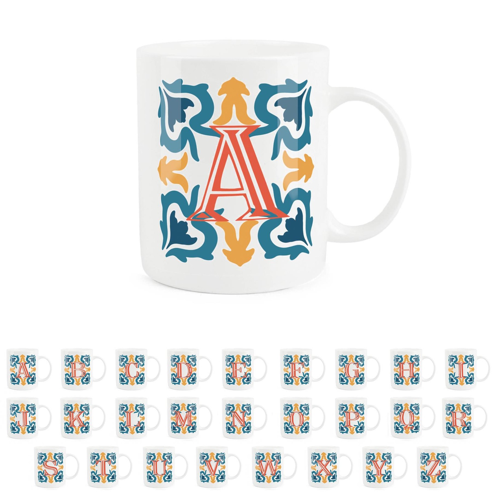 Moroccan Tile Letter A Mug - Orange & Blue Bone China Gift Mug