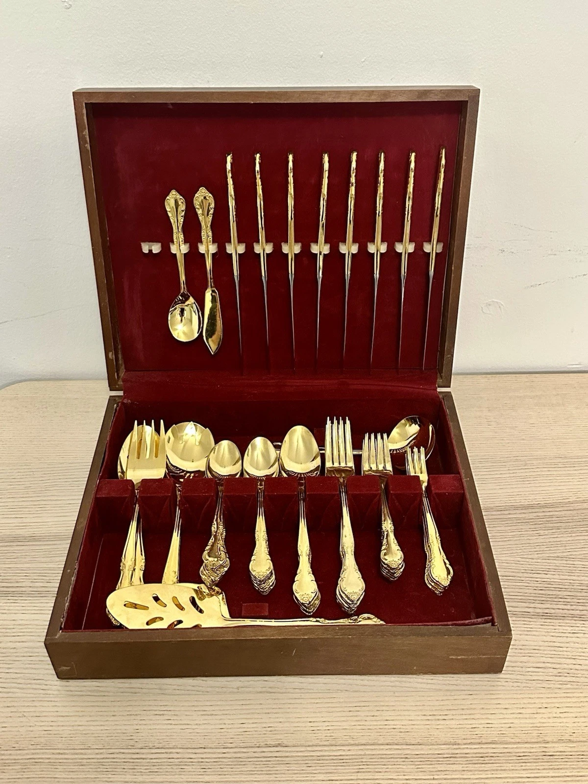 65 Pc Gold Tone Flatware Serving Set w/ Wooden Storage Case Korea Vintage