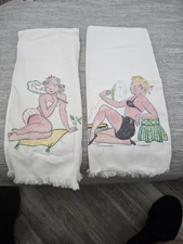 Set of 2 Vintage Pinup Girls Hand Painted Linen Tea Towels / Bar Towels