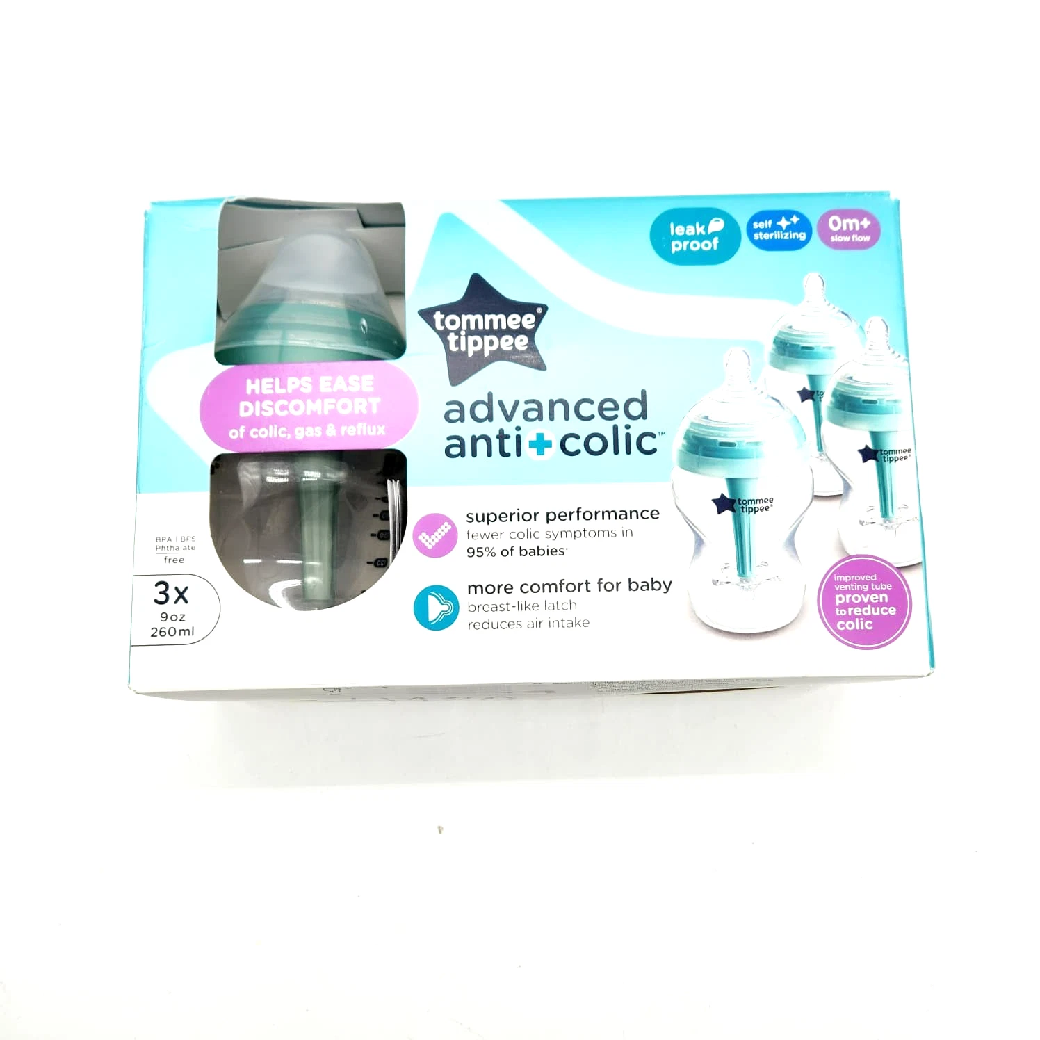 Tommee Tippee 3pk 9oz Anti-Colic Bottles Slow Flow Self-Sterilizing Vented