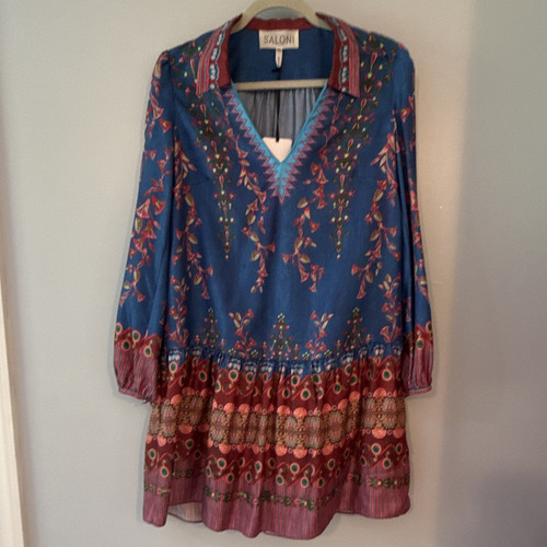 SALONI Women’s 8 Short Shift Dress V-Neck Long Balloon Sleeve Silk Floral Blue