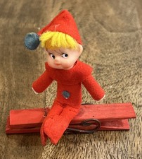 Vintage Felt Pixie Elf on Clothes Pin Christmas Ornament Japan