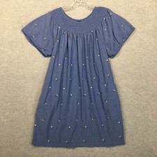 Old Navy M Short Blue Peasant Cottage Dress Embroidered Prairie Pockets Shirred