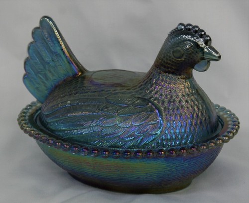 Indiana Glass Iridescent Horizon Blue Chicken Hen on Nest Covered Candy Dish *
