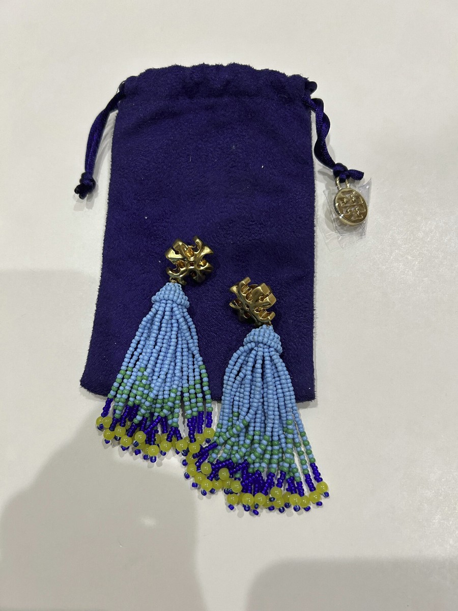 Tory Burch Gold and Blue Beaded Tassel Earrings m_694b39dca95105afae70297f.jpeg main image 2