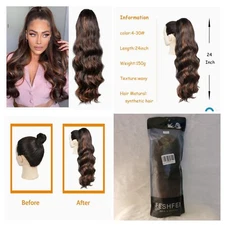 24" FESHFEN Wavy Clip-in Ponytail Hair Extension Synthetic Dark Brown/Auburn Mix