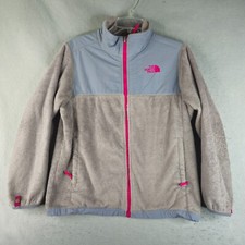The Northface Fleece Jacket Girls XL 18 Gray Pink Trim Full Zip Fuzzy Furry