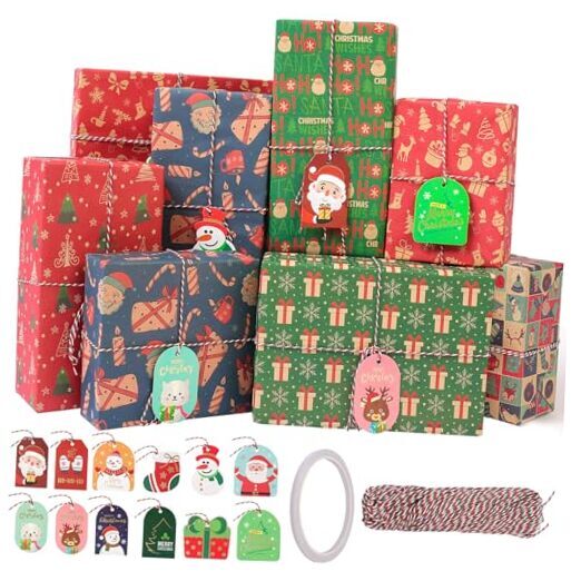  Christmas Wrapping Paper, 12 Sheets Kraft Gift Wrapping Paper Set for 