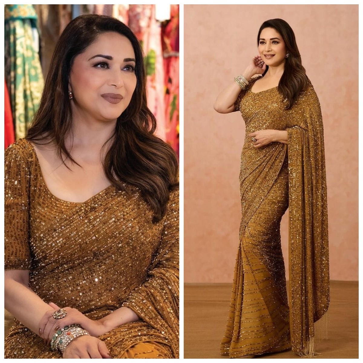 Madhuri Dixit Saree, Copper Heavy Sequins Work Designer Bollywood
