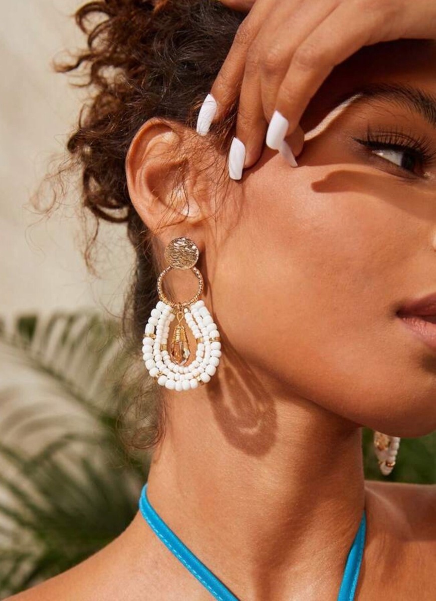 White Bead Gold Arch Earrings Beaded Bohemian Long Boho Dangle