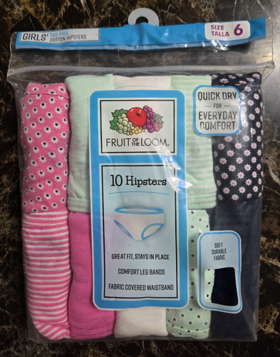 Girls Fruit of the Loom Cotton Hipsters, 10 Pack, Size 6