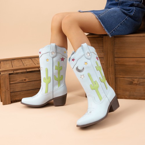 Girls Cowboy Boots Cowgirl Western Boots Square Toe Horse Riding Mid Calf Boots