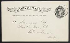 Chatham Ontario 1897 PSC stationery card P16 to Blenheim -re favour received