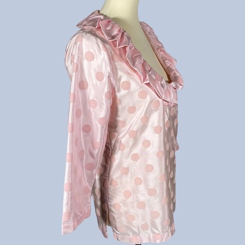 Devon Baer Womens Silk Top M Pink Flocked Dot Blouse Lightweight Ruffle Feminine - Picture 3 of 12