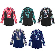 Kids Girls Swimwear Floral Print Bating Suit Sun Protection Beachwear Monokini