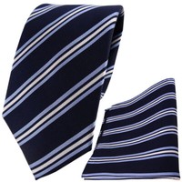 Tigertie Seidenkrawatte + Seideneinstecktuch Blau Marine Weisssilber Gestreift