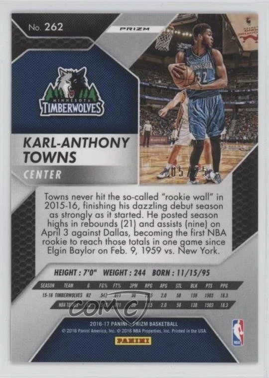 2016-17 Panini Prizm Orange Wave Prizm /25 Karl-Anthony Towns #262 - Image 2 of 2
