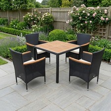 Rattan Garden Dining Set 4 Seater Acacia Wood Table Stackable Chairs Patio Brown