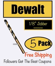 Pack of 5 DEWALT 1/8" x 2-3/4" Black and Gold HHS Jobber Length Twist Drill Bit