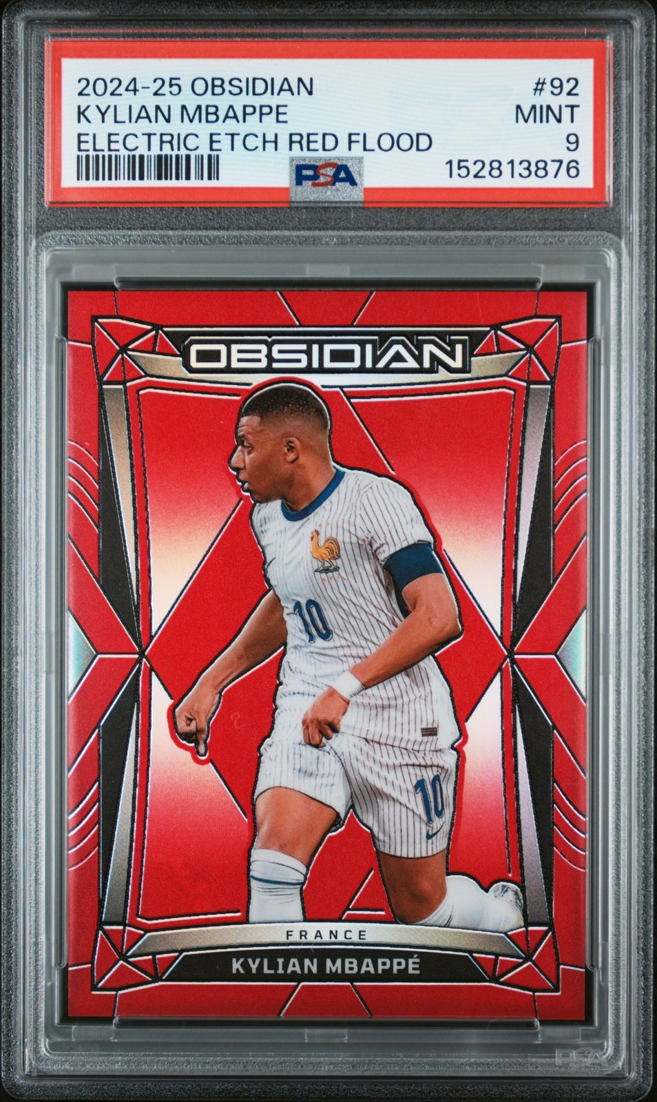 Kylian Mbappe 2024-25 Panini Obsidian #92 Electric Etch Red Flood /10 PSA 9