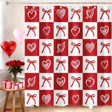 Valentine Day Shower Curtain Red Heart Bow Checkered Fabric 72x72 Inch