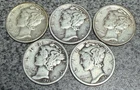 LOT OF 5 - 1943 & 1944  ( P & S) MERCURY DIMES 90% SILVER