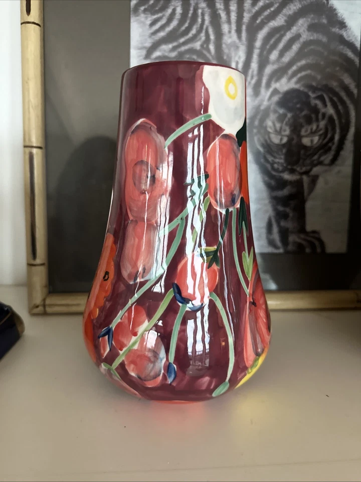 Jarrón de cerámica Anthropologie acuarela LIZZIE rojo abstracto floral 8" bonito usado en excelente estado Foto 2 de 4