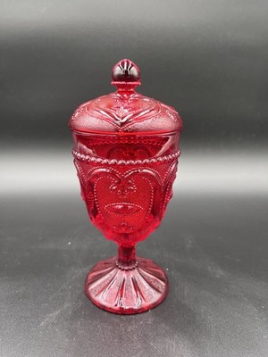Mosser Glass Ruby Red Sweetheart Pattern Covered Candy Dish Compote C26