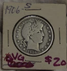 1906 S US Barber Silver 50c VG (Cleaned)