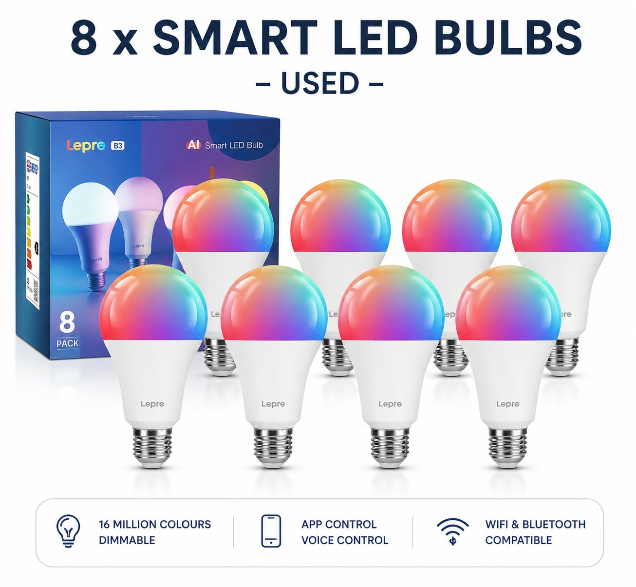 USED 8 x Lepro B1 AI Smart Bulbs, E27 Wifi Bulb, Music Sync, Voice Control