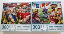 2 Bits and Pieces 300 piece puzzles with dog themes,  preowned puzzles
