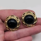 Vintage Trifari Lucite Earrings Black Cabochon Dome Gold Tone Clips Rope Button