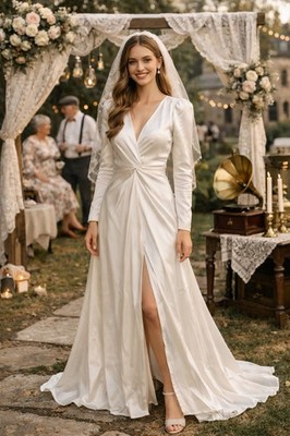 Francesca's White Satin Long Sleeve V Neck A-Line Full-Length Wedding Dress S