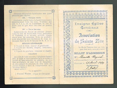 INSIGNE EGLISE CATHEDRALE ASSOCIATION SAINTE ZITE BILLET D'ADMISSION 1897