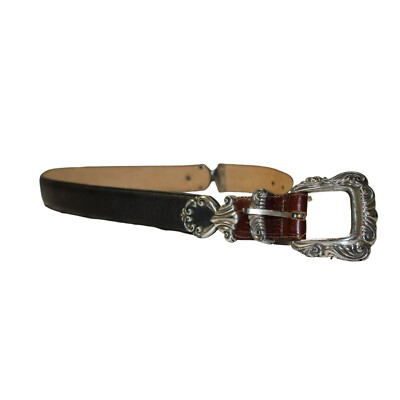 Vintage 90s Brighton Belt Brown & Black Two Tone Leather Silver Buckle Size S VTG 90s Brighton Brown Leather Silver-Tone Metal Links Rodeo  main image 4