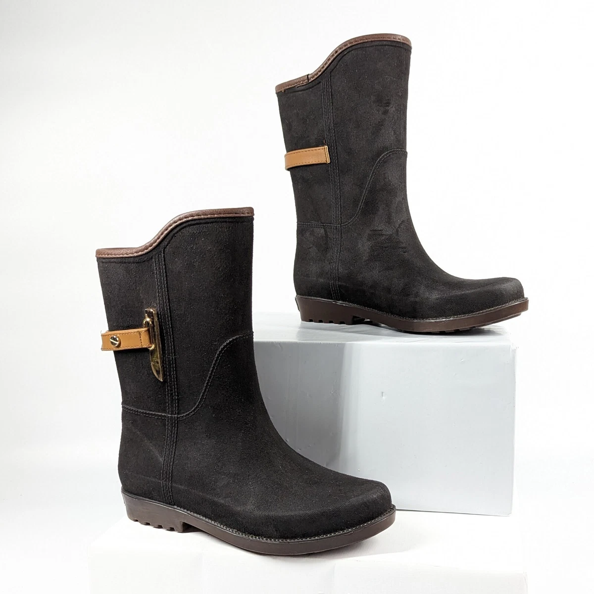 Ulan Rainy Steps Synthetic Suede Black Womens Rain Boots Size 7