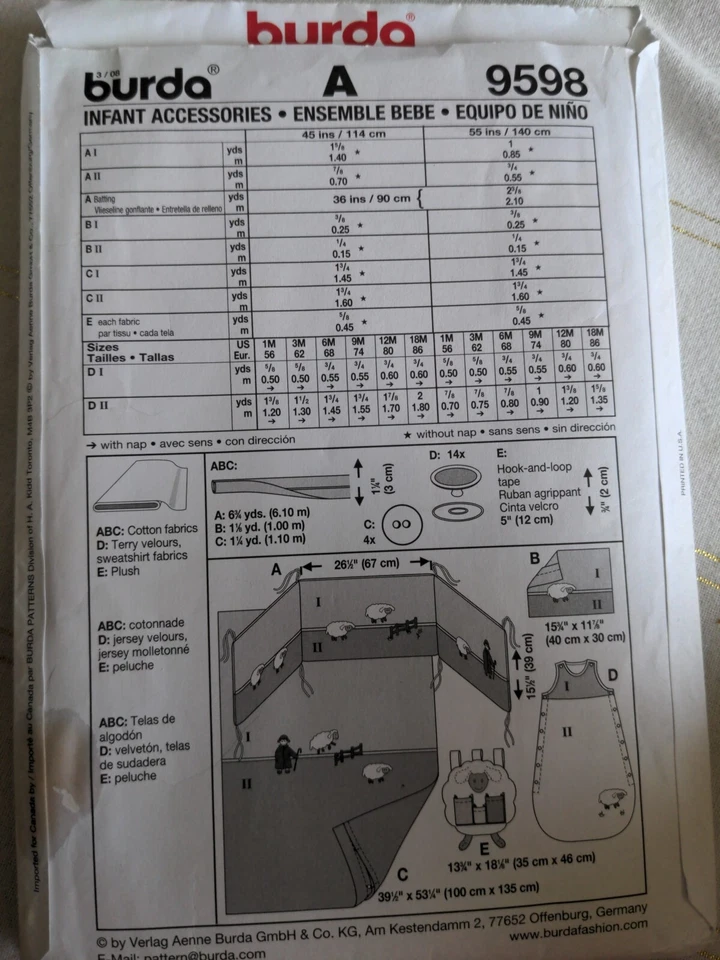 Burda Sewing Pattern 9598 - Babies Sleeping Bag Cot Quilt Bump Sizes 1m to 18m - Image 2 of 2