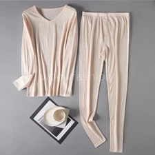 Men 100% Wool Long Johns Thermal Underwear V Neck Pjs Base Layer Top Bottoms Set