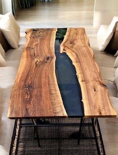 Black Epoxy Resin Dining Table Top Acacia Wooden Made to Order with Iron Stand - Image 4 of 4