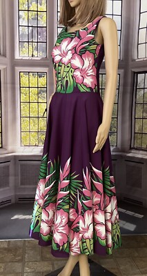 Purple VTG Fit Flair Hawaiian Dress Hibiscus Flowers Cotton Blend Vintage  SZ 3-4