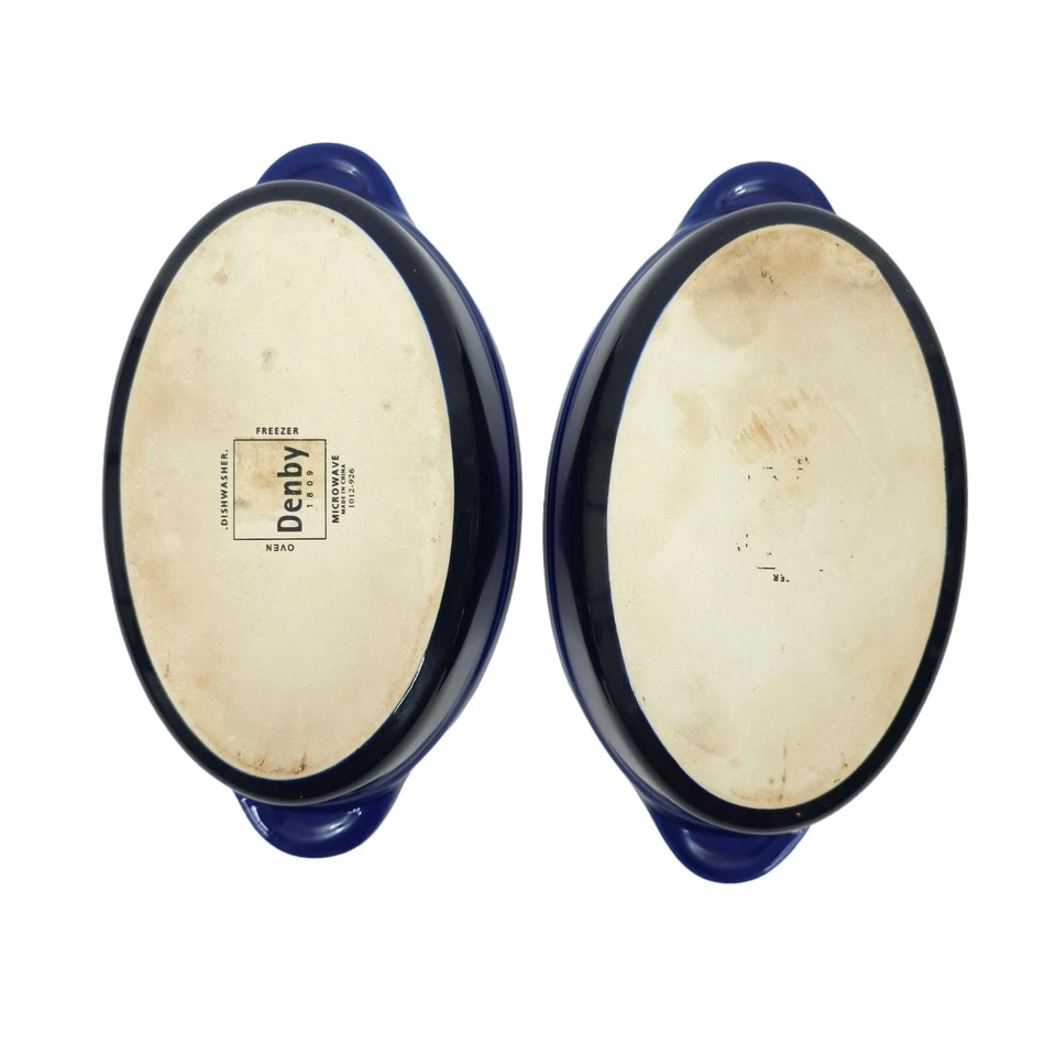 Platos para hornear Denby Au Gratin 2 panaderos individuales ovalados 9x5 gres azul crema Foto 3 de 4