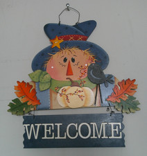 Fall Scarecrow Welcome Sign Hanging Wood Decor