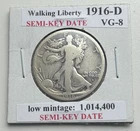 1916-D Walking Liberty Half Dollar Low Mintage, Semi-Key date, Obverse Mint Mark