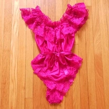 Vintage Lingerie Teddy Negligie Hot Pink Lace Ruffle Dolores Poirette 80s Small