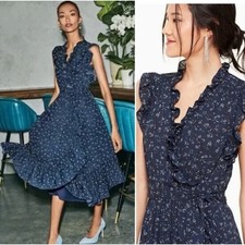 Kate Spade NY Out West Wild Rose Wrap Navy Floral Ruffle Wrap Midi Dress 12